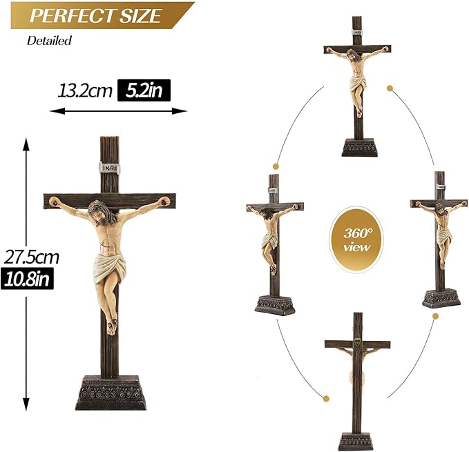 Magicsculp 10.8" H Jesus Crucifix Statue - Resin Standing Wall Cross Decoration, Praying Religious Figurine Jesus Christ Catholic Display, Hanging or Tabletop with Stand for Home Decor