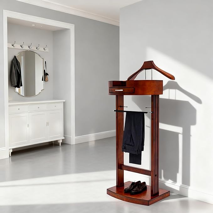 Valet Stand for Men, Wood Suit Valet Stand with Drawer for Women Wood Clothing valet stand with Top Tray, Contour Hanger, Trouser Bar and Shoe Rack Organizer