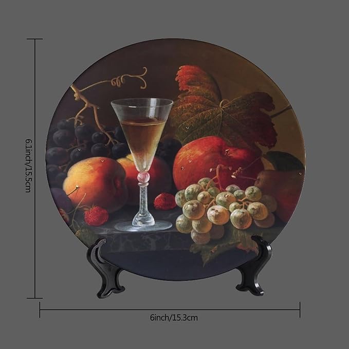 Wine Decorative Plate Stand, 6 Inch, Fruits and Wine Round Display Plate, Hanging Decorative Plate with Display Stand, for Home Kitchen Bedroom Decorative Ornaments
