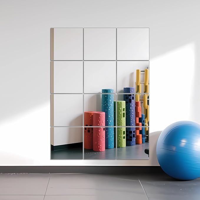 Ruomeng Home Gym Mirrors 12 Inch x 12Pcs Wall Mounted Mirror Glass Frameless Full Length Mirror Tiles for Home Gym, Bedroom, Door & Bathroom