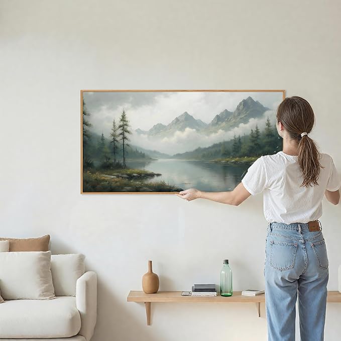 SIGNINART Large Green Forest Framed Canvas Wall Art, Misty Mountain Lake Wall Decor, Modern Foggy Wood Landscape Artwork, Nature Oil Painting Art Print for Living Room, Bedroom, Office 20"x40"