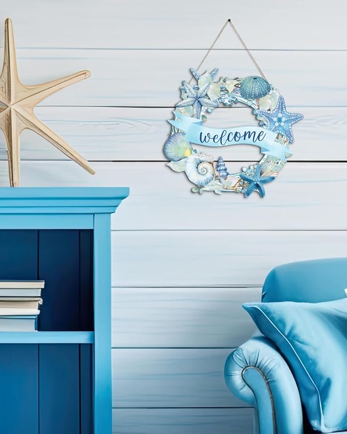 Putuo Decor Beach Wreaths - Ocean Welcome Sign, Wood Material, Summer Beach Decor for Front Door, Sea Turtle Design