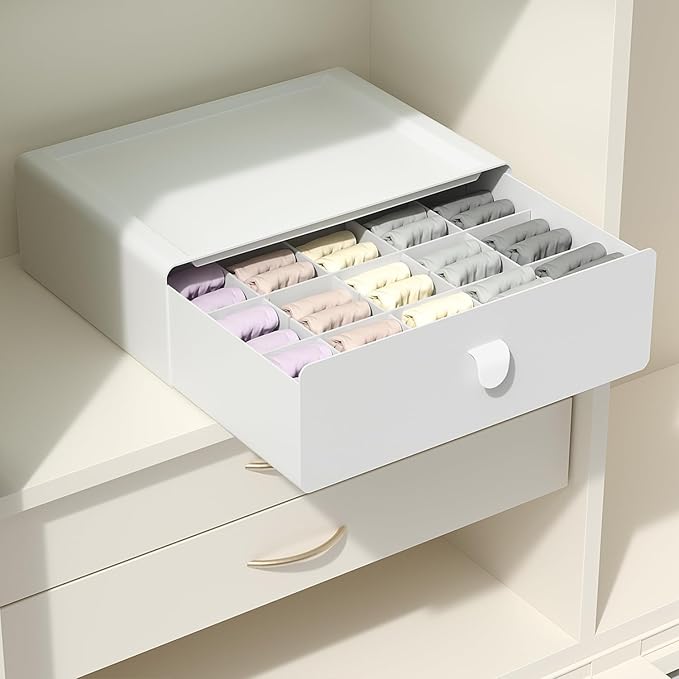 Underwear Organizer Drawer, 15 Cells Plastic Socks Drawer, Stackable Closet Organizer, Storage Box for Bras, Panties, Snacks, Grey