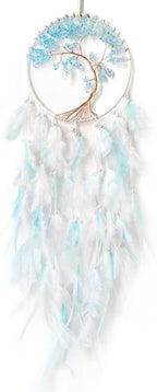 White and Cyan Dream Catcher Wall Decor Crystal Tree of Life Dream Catchers Handmade Feather Dreamcatcher Wall Hanging Ornament for Bedroom Living Room Home Decor