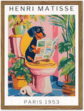 Funny Dachshund Bathroom Wall Art Henri Matisse Dog Bathroom Wall Decor Picture, Cute Puppy Animal Reading Newspaper in Toilet Poster Painting Canvas Print 16x24 inch Wood Framed