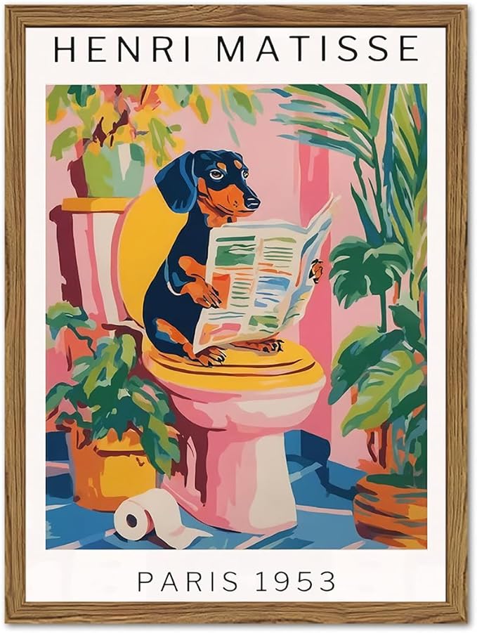 Funny Dachshund Bathroom Wall Art Henri Matisse Dog Bathroom Wall Decor Picture, Cute Puppy Animal Reading Newspaper in Toilet Poster Painting Canvas Print 16x24 inch Wood Framed