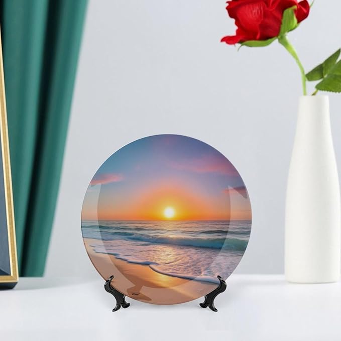 Sunrise Theme Decorative Ceramic Plate Round Porcelain Plate,8 inch,Beach Pattern,for Decorative Ornaments Giving Plates,1 Plate with 1 Display Stand,Orange Yellow