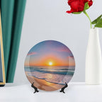 Sunrise Theme Decorative Ceramic Plate Round Porcelain Plate,7 inch,Beach Pattern,for Decorative Ornaments Giving Plates,1 Plate with 1 Display Stand,Orange Yellow