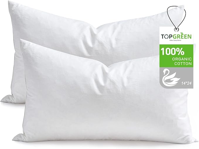 Feathers Down Pillow Inserts 14x24, Set of 2, 100% Organic Cotton Shell, Soft Decorative Lumbar Pillow Insert for Living Room Sofa, Couch, or Bed (White)