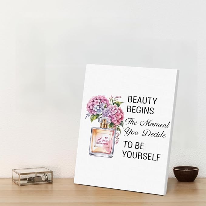 Inspirational Pink Flower Wall Art Decor for Powder Room Bedroom Bathroom, Motivational Quotes Wall Decor Canvas Painting Pictures Artwork Gift for Women Teens (11.5 X 15 Inches, Framed)