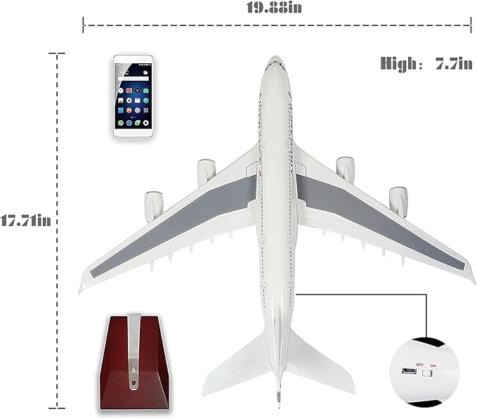 1:160 Scale Diecast Airplane Model with Light, Large Resin Aircraft Replica for Collection & Display, White