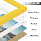 Vittanly 5x7 Picture Frames Set of 9, Shatter Resistant Plexiglass, Display 4x6 Pictures with Mat or 5x7 without Mat, Photo Frames for Wall or Tabletop, Engineered Wood, Yellow