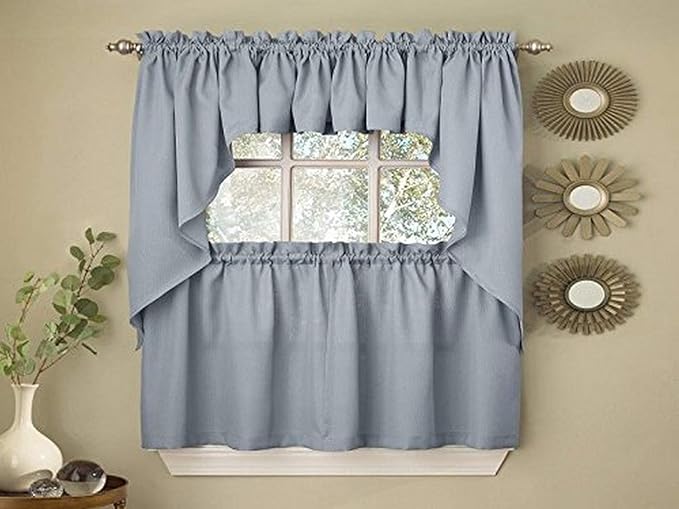 Sweet Home Collection Opaque Rib Cord Kitchen Curtains Pair, 24" Tier, Ribcord Blue