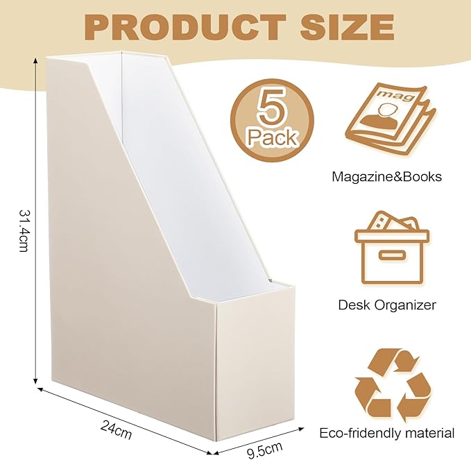AmazingSpark 5 Pack Magazine File Holder Office Desk Storage Holder Set Vertical Desk Cardboard Organizer for Office Home Classroom Organize Your File Magazines Paperwork Books or Binders (Beige)