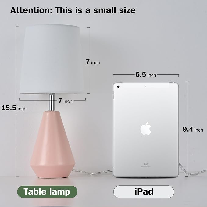 Small Bedside Table Lamp for Bedroom-Reading Desk Lamp Set of 2,with 3 Color Temperatures,15.5" Nightstand Ceramic Lamp with Fabric Shade for Kids Room,Living Room,Dorm,Home Office(Pink+White)