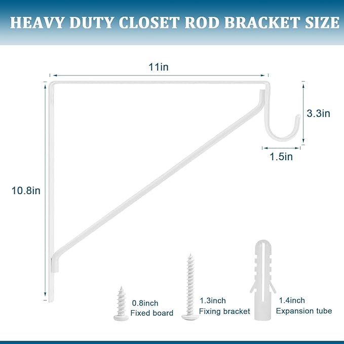 10PCS Heavy Duty Closet Rod Bracket, 11 x 11 Inch Closet Shelf Brackets,Supports 300 lbs,Wall Mount Closet Rod Supports Bracket Hook with Screws, Closet Rod Holders for Home and Closet Decor(White)