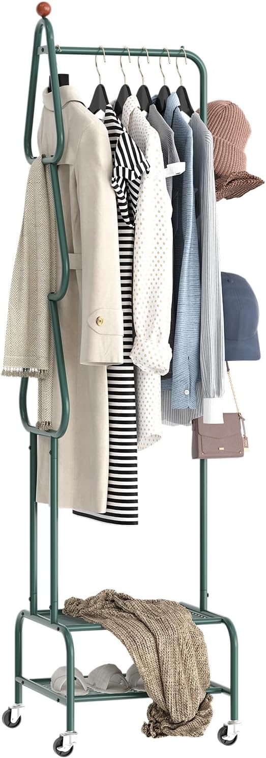 Clothes Rack, Metal Garment Rack with Wheels and Shelves, Rolling Portable Clothing Racks for Hanging Clothes, Freestanding Storage Solution for Small Spaces (Deep Green)