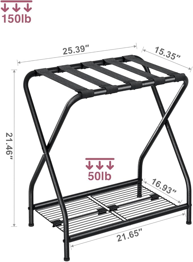 Set of 2 Luggage Rack with Storage Shelf, Foldable Suitcase Stand, Heavy Duty Metal Luggage Holder for Guest Room, Bedroom, Hotel, 150 lbs Top Capacity, 50 lbs Bottom Shelf LR-BK-2