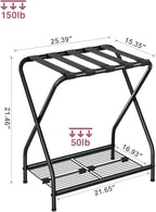 Set of 2 Luggage Rack with Storage Shelf, Foldable Suitcase Stand, Heavy Duty Metal Luggage Holder for Guest Room, Bedroom, Hotel, 150 lbs Top Capacity, 50 lbs Bottom Shelf LR-BK-2