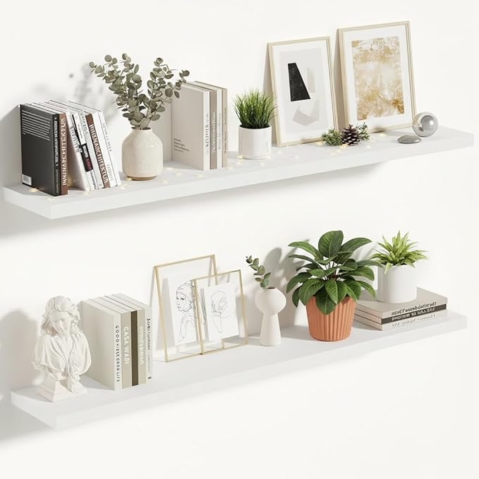 Vivelove 10 in Deep Floating Shelves for Wall, 47.2" x 10.2" x 1.5" Shelves for Room Wall Mounted, 1.5 Inch Thick Shelf for Bathroom Bedroom Kitchen Book Room, Modern Farmhouse Decor, Set of 2, White