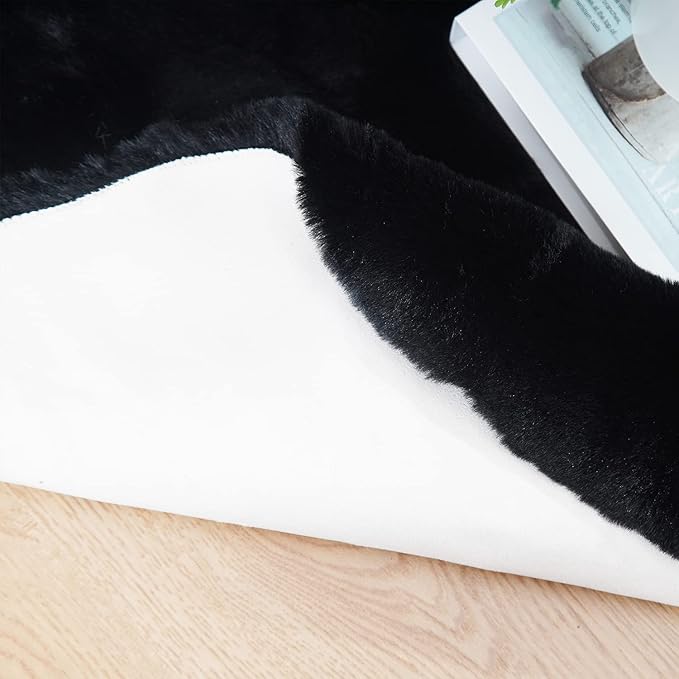 Ghouse Ultra Soft Faux Rabbit Fur Rug, Machine Washable Area Rugs for Bedroom Fluffy Rugs for Living Room, No-Shedding Carpet Sheepskin Runner Rugs Black 2x10 Feet