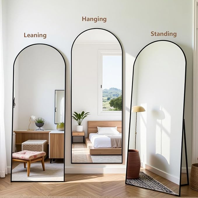 Prywot Arched Floor Mirror, 58 "x 18" Full Length Mirror Wall Mirrors Hanging or Leaning Arched-Top Full Body Mirrors with Stand for Bedroom, Dressing Room, Black