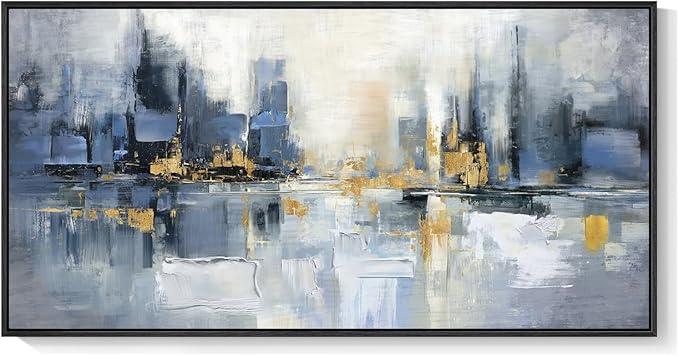 Framed Blue Abstract Wall Art for Living Room, Extra Large Modern Cityscape Canvas Artwork for Walls, Horizontal Contemporary Painting Print for Living Room Bedroom Office Wall Decor, 30x60 Inch