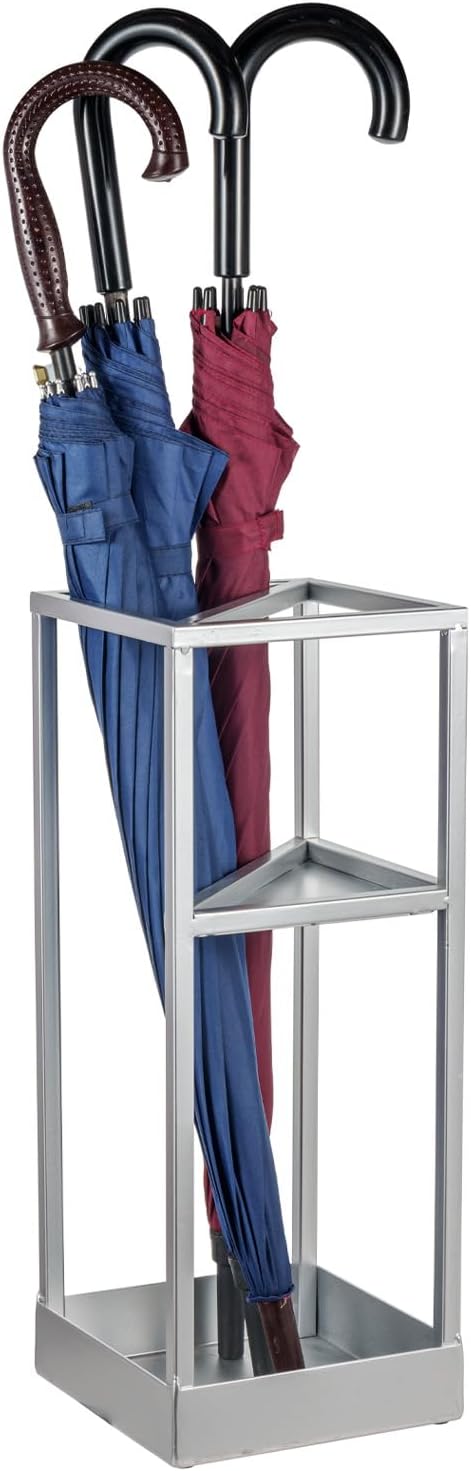 MyGift 20 Inch Tall Modern Silver Tone Metal Geometric Freestanding Entryway Umbrella Rack or Cane Holder with Shelf for Small Umbrellas and Bottom Drip Tray