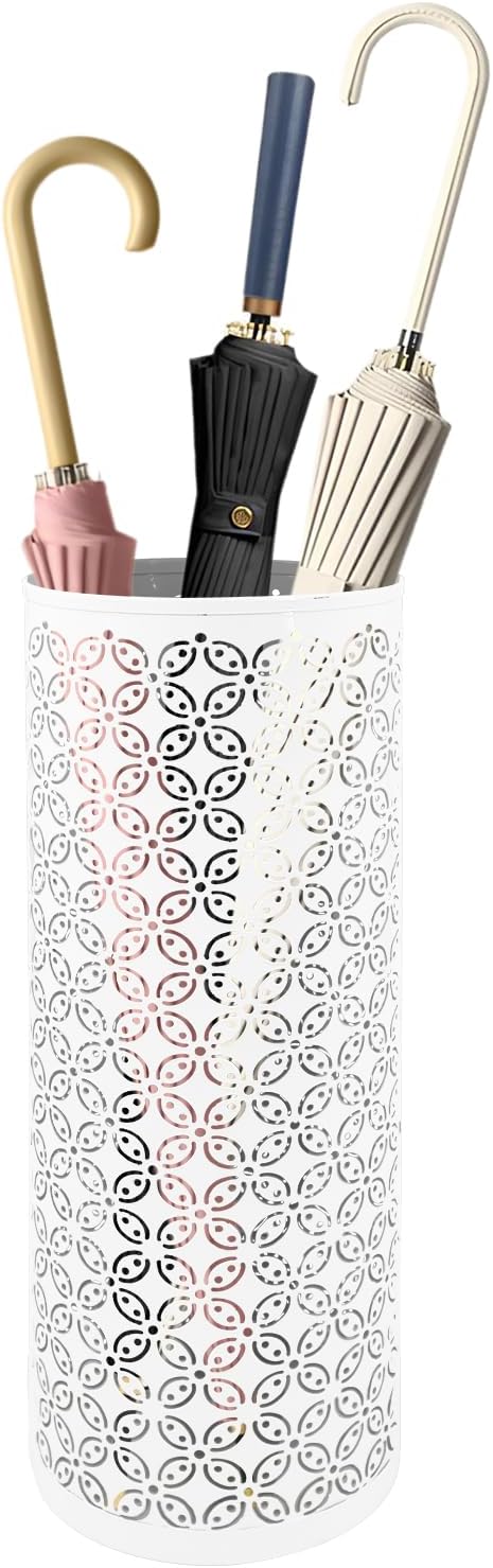 Metal Round Umbrella Stand Rack,Free Standing Umbrella Holder Bin,Canes Walking Sticks Holder for Entryway,Home,Office,White