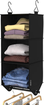 ClosetMaid 3-Shelf Fabric Hanging Closet Organizer with Garment Rod for Shirts, Sweaters, Pants, Hats, Shoes, Purses with Charcoal Black Finish