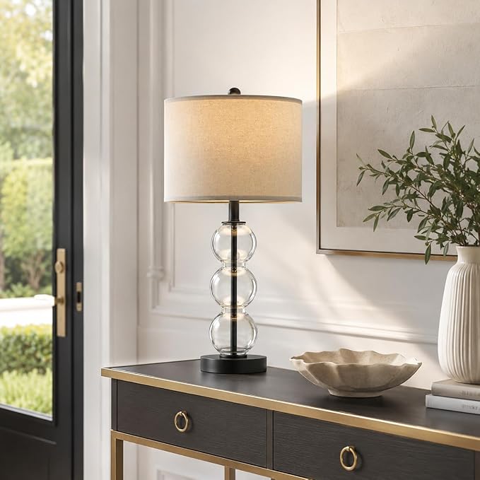 Oneach 25" Glass Table Lamps Set of 2, Black Modern Table Lamps with USB Ports for Living Room, Linen Shade Bedside Lamps for Bedroom, Nightstand, Side Table (Bulbs not Included)