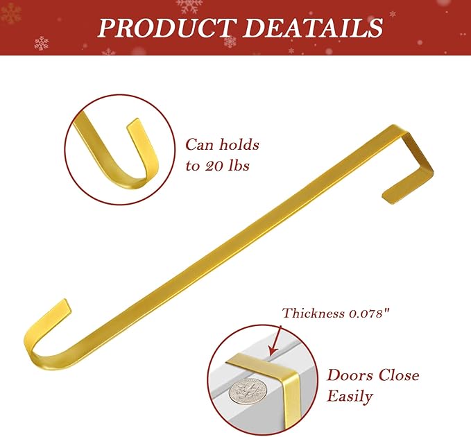 12" Metal Wreath Hanger for Front Door Non-Scratch, 2 Pack Gold Wreath Hanger Heavy Duty, Over-the-Door Hooks for Hanging Welcome Sign, Wreath Holder for Easter, Halloween, Fall, Christmas Decorations