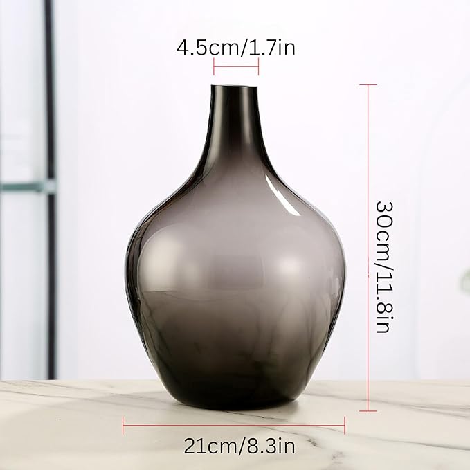 Gray Black Glass Vase - 12" Smoked Glass Vase, Large Black Jar, Modern Balloon Demijohn for Decor Living Room, Jarrones Decorativos para Sala, Modern Home Decor