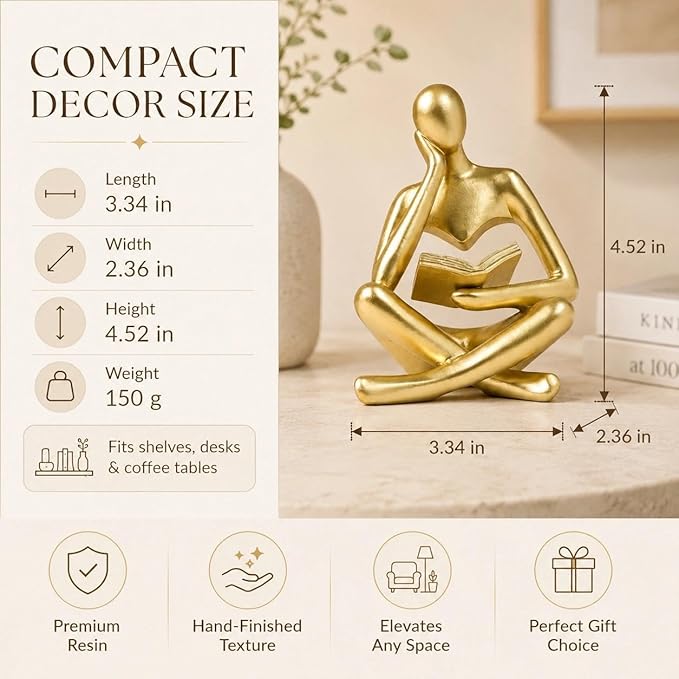 Gold Accent Bookshelf Decor Thinker Statue, Abstract Reading Figurine Style A, Resin Decorative Bookend for Coffee Table, Shelf, Office, Library