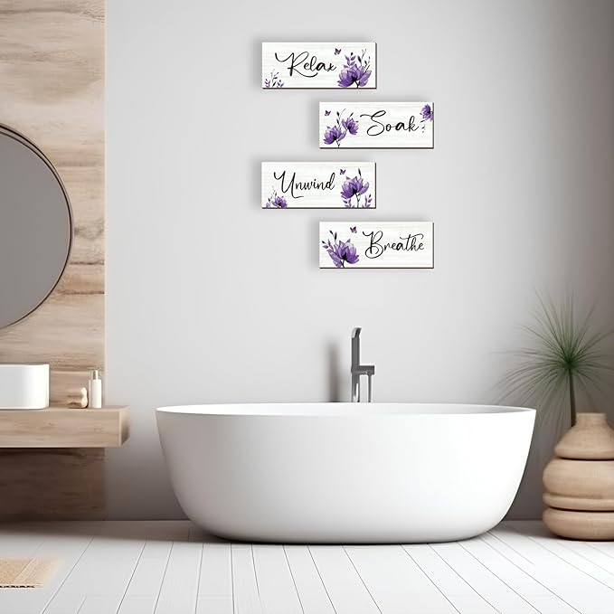 ONIZHITY Set of 4 Purple Bathroom Decor With Purple Flower Wall Decor Inspire Relax Soak Unwind Breathe Rustic Wooden Wall Art Ideal for Bedroom Office Living Room Kitchen Decoration(Purple 10x4Inch)