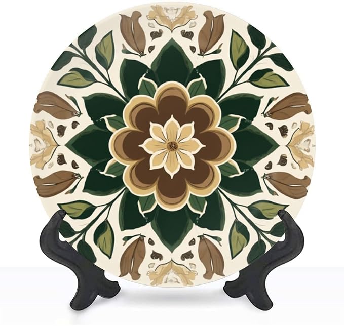 Decorative Plates for Display 8" Boho Chic Floral Tile Design Earthy Tones Dark Green Leaves Ceramic Ornament with Display Stand and Hook Up for Wall Decor Hanging Festival Wedding Gift