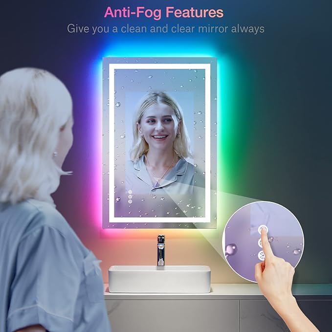 LOAAO 24"x36" LED Bathroom Mirror with Lights, Anti-Fog, Dimmable, RGB Backlit + Front Lighted, Bathroom Vanity Mirror for Wall, Memory Function