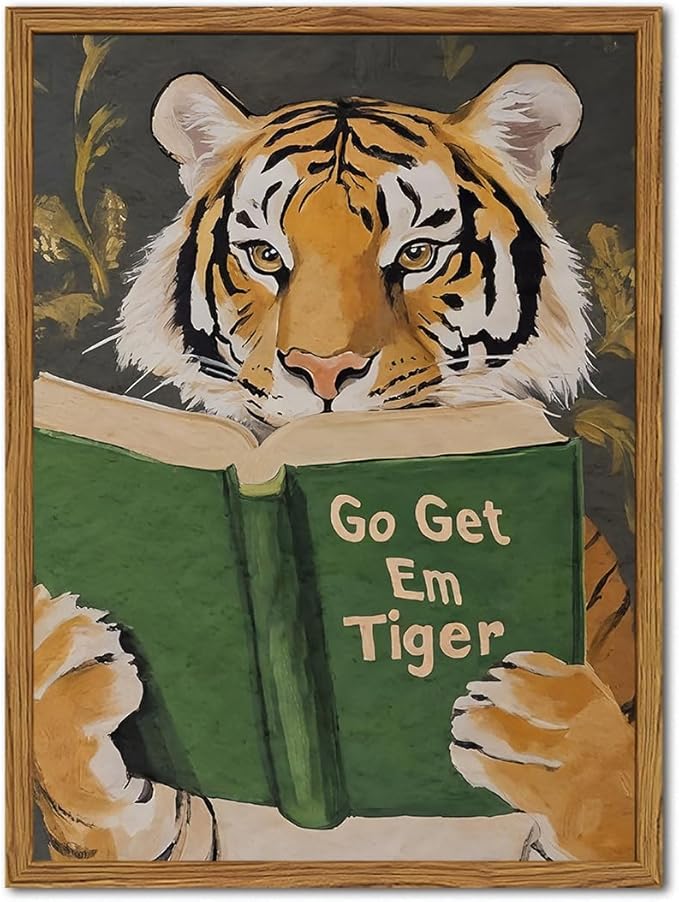 Framed Funny Tiger Wall Art, Motivational Animal Reading Wall Decor Paintings, Eclectic Go Get Em Tiger Canvas Prints Pictures Home Decor for Living Room Bedroom Dorm Office 12x16 inch