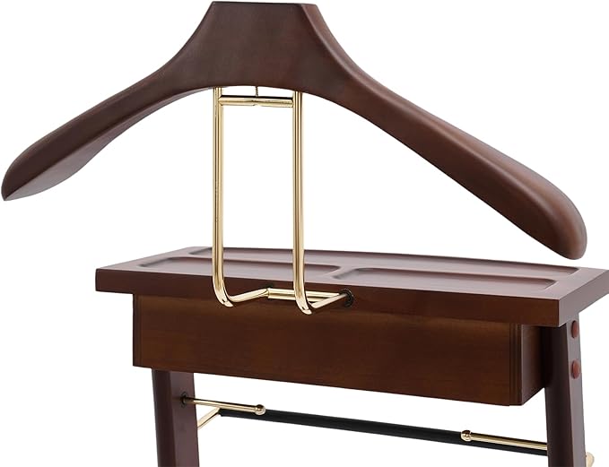 Suit Valet Stand for Men and Women, Wood Suit Stands Butler Clothing Rack, Floor Standing Clothes Valet with Drawer, Top Tray, Contour Hanger, Trouser Bar, Belt Hooks & Shoe Rack (Walnut Color)