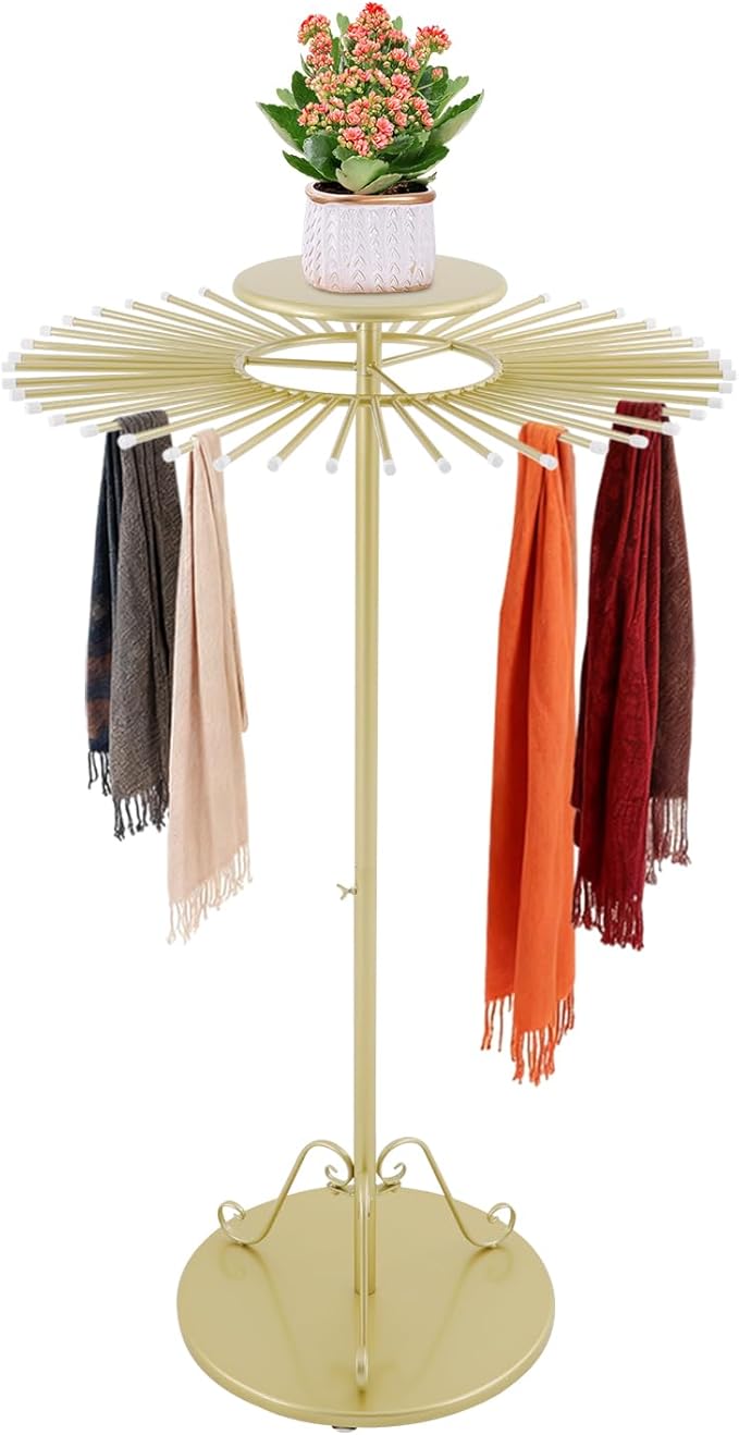 Scarf Display Stand 45-Arm Scarf Holder Organizer Freestanding Scarf Hanger 360° Rotating Rack for Home and Clothing Store (Gold, 45 Rods)