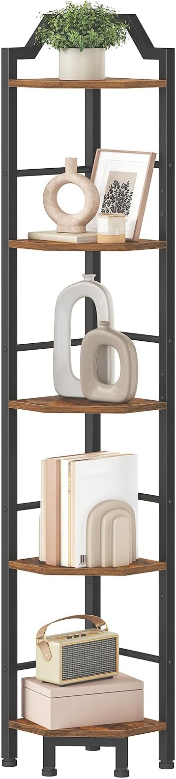 HOOBRO Narrow Corner Shelf Stand, 5-Tier Corner Shelf, 63” Tall Multipurpose Corner Bookshelf, Standing Display Shelf Plant Stand, for Living Room, Study, Kitchen, Rustic Brown and Black BF100CJ01