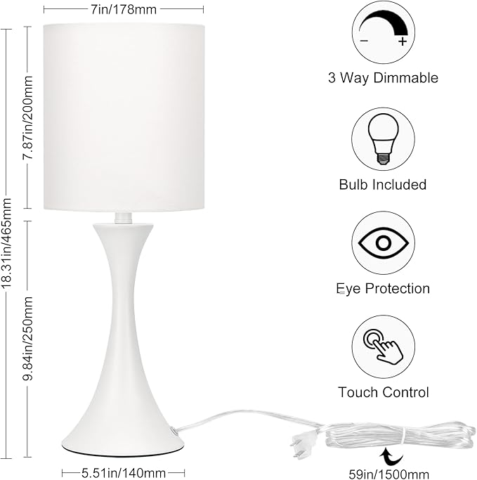 Modern Table Lamps, 3 Way Touch Control Table Lamp, Dimmable Desk Lamp, White Nightstand Lamp with Fabric Shade, Small Bedside Lamp for Living Room, Dorm,Home Office, LED Bulb Included