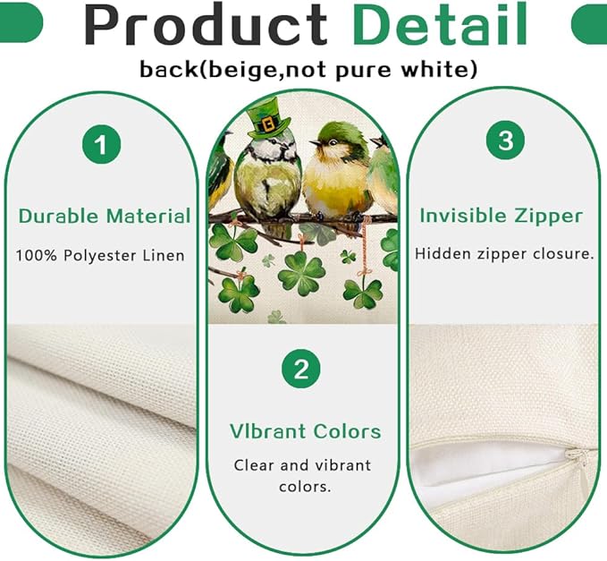 RABUSOFA St.Patricks Day Pillow Covers 18x18 Inch,Birds Shamrock Decorations Holiday Spring Decorative Pillow Case Decor for Sofa Couch Green