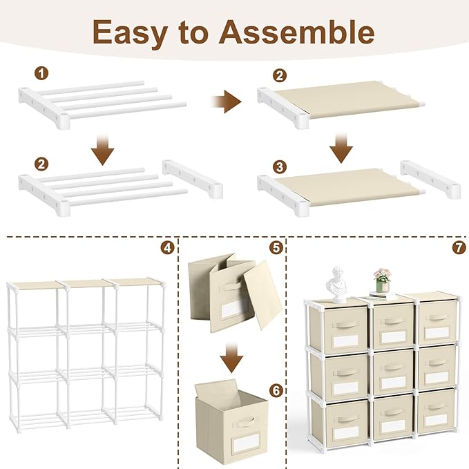 Geelin 9 Cube Storage Organizer with Fabric Bins and Labels 11 Inch, Fabric Collapsible Cubby Clothes Storage Drawer Dresser for Bedroom Living Room Office Organization