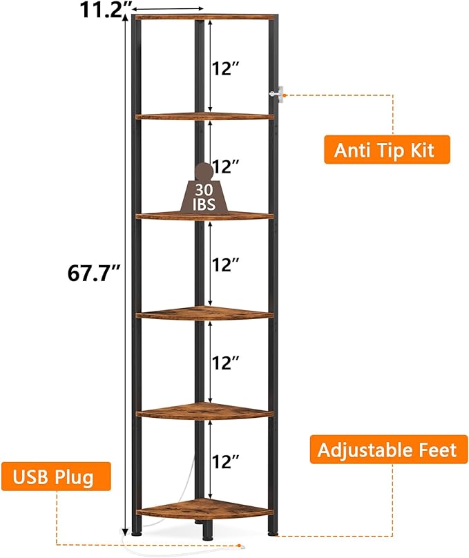 Furnulem 6 Tier Corner Shelf with LED Light, 67.5” Tall Standing Shelf Organizer, Narrow Bookshelf with Storage Rack for Wall Corner, Living Room, Bedroom, Metal Frame, Wood Display Shelf
