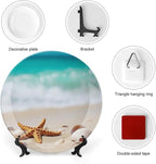 Starfish Theme Decorative Ceramic Plate Round Porcelain Plate,7 inch,Beach Pattern,for Decorative Ornaments Giving Plates,1 Plate with 1 Display Stand,Orange White