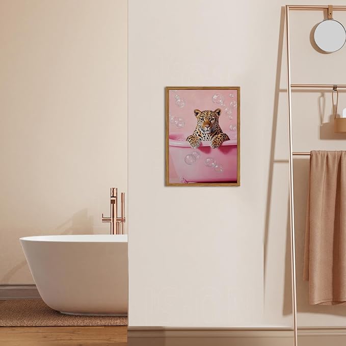 Funny Cheetah Bathroom Wall Art, Pink Leopard in Bathtub Wall Decor Paintings, Cute Animal Bathroom Poster Canvas Prints Maximalist Dopamine Girl Washroom Artwork 16x24 inch Framed