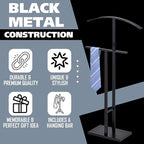 Kings Brand Furniture Dossi Modern Metal Suit Valet Stand, Clothes Rack Organizer with Jacket, Pants & Tie Holder, Space-Saving Garment Rack for Bedroom or Closet (Black)