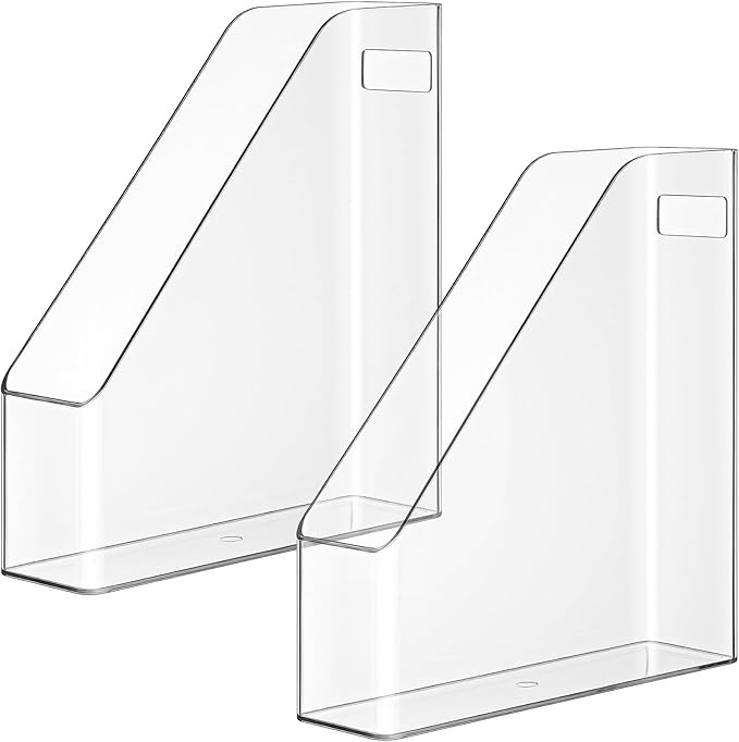 Kifmurase 2PCS Vertical File Holder, Clear Plastic Standing File Shelf and Organizer for Office Home Magazines Notebooks Folder Binders, Multi-purpose Desktop Document Storage Vertical Rack