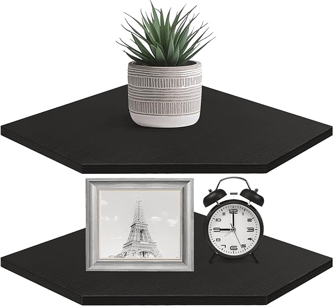 Homode Corner Shelf Wall Mount, Set of 2 Corner Floating Shelves with Wire Hole for TV, Cable Box, Wood Hanging Storage Shelf Organizer for Bathroom Kitchen Living Room Bedroom, Black